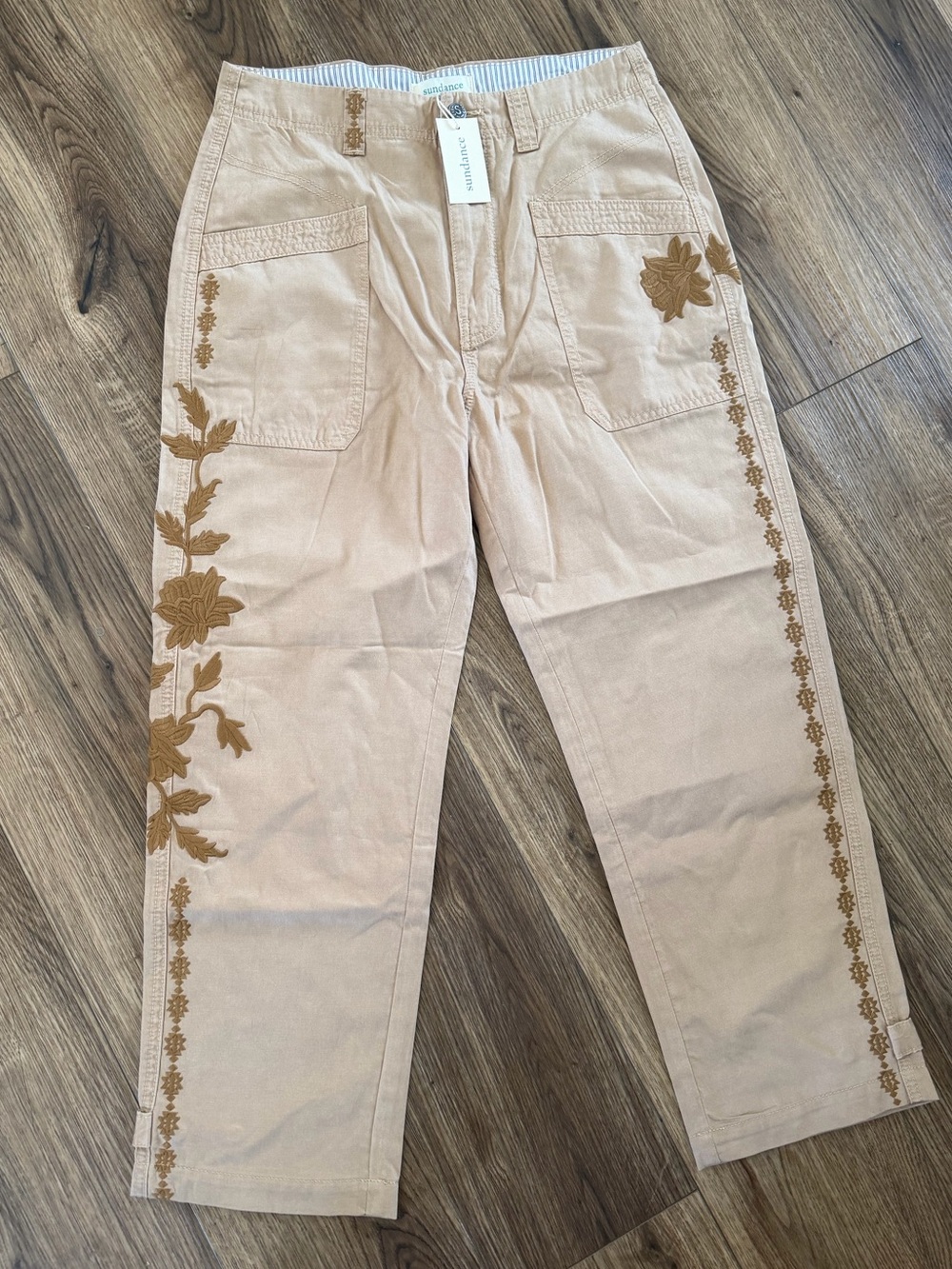 Sundance Beige Pants with Brown Embroidered Floral Trim
